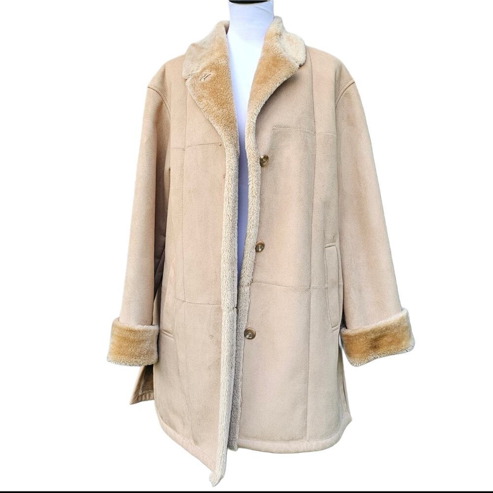 Fleet Street FS Limited Faux Suede Shearling Coat Tan Fur Trim Size Large VTG